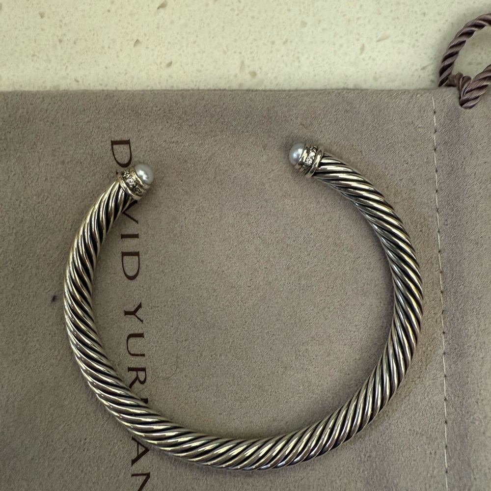David Yurman Twisted Silver Bracelet with Pearl and diamond detail
